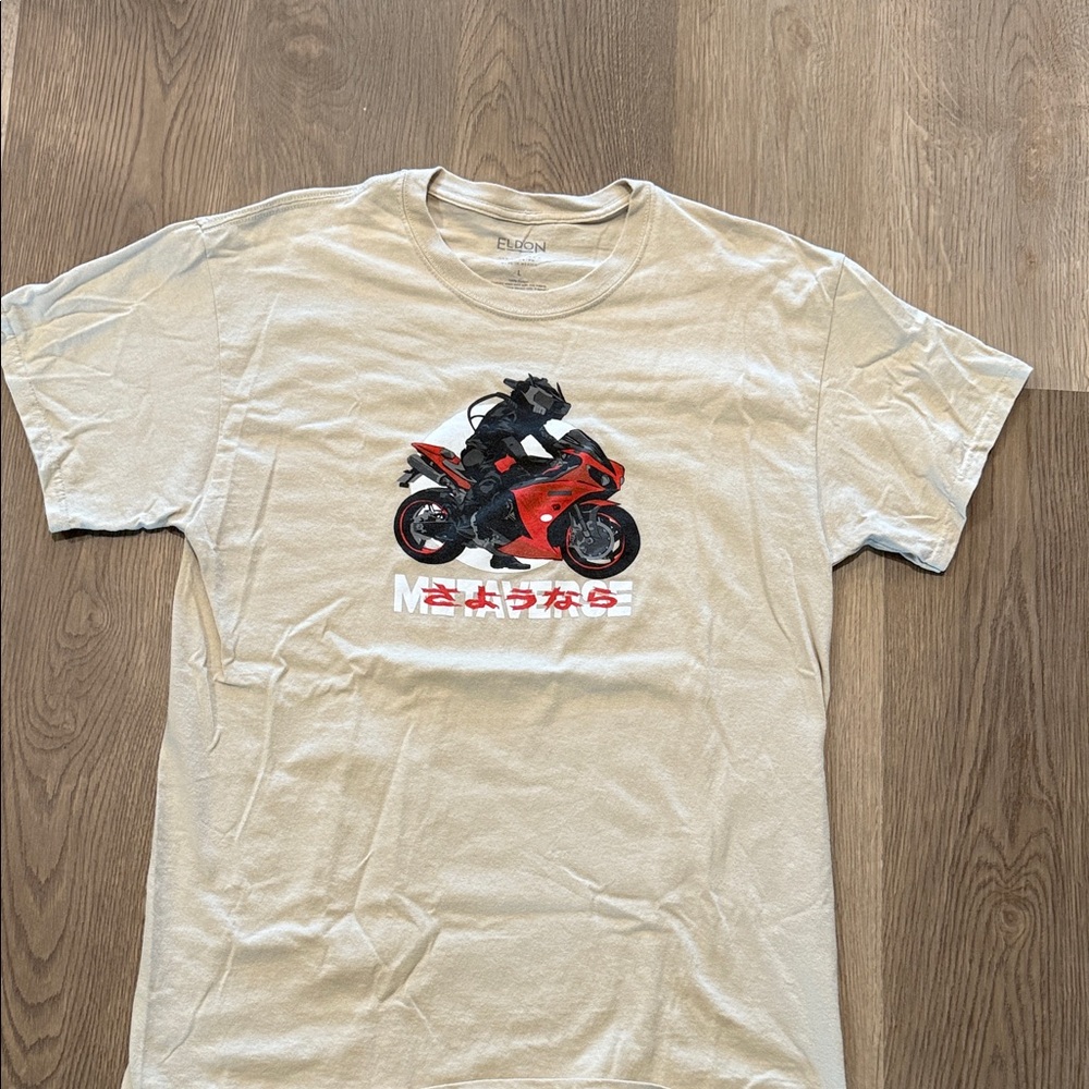 PacSun Tan T-Shirt with Red Motorcycle Graphic